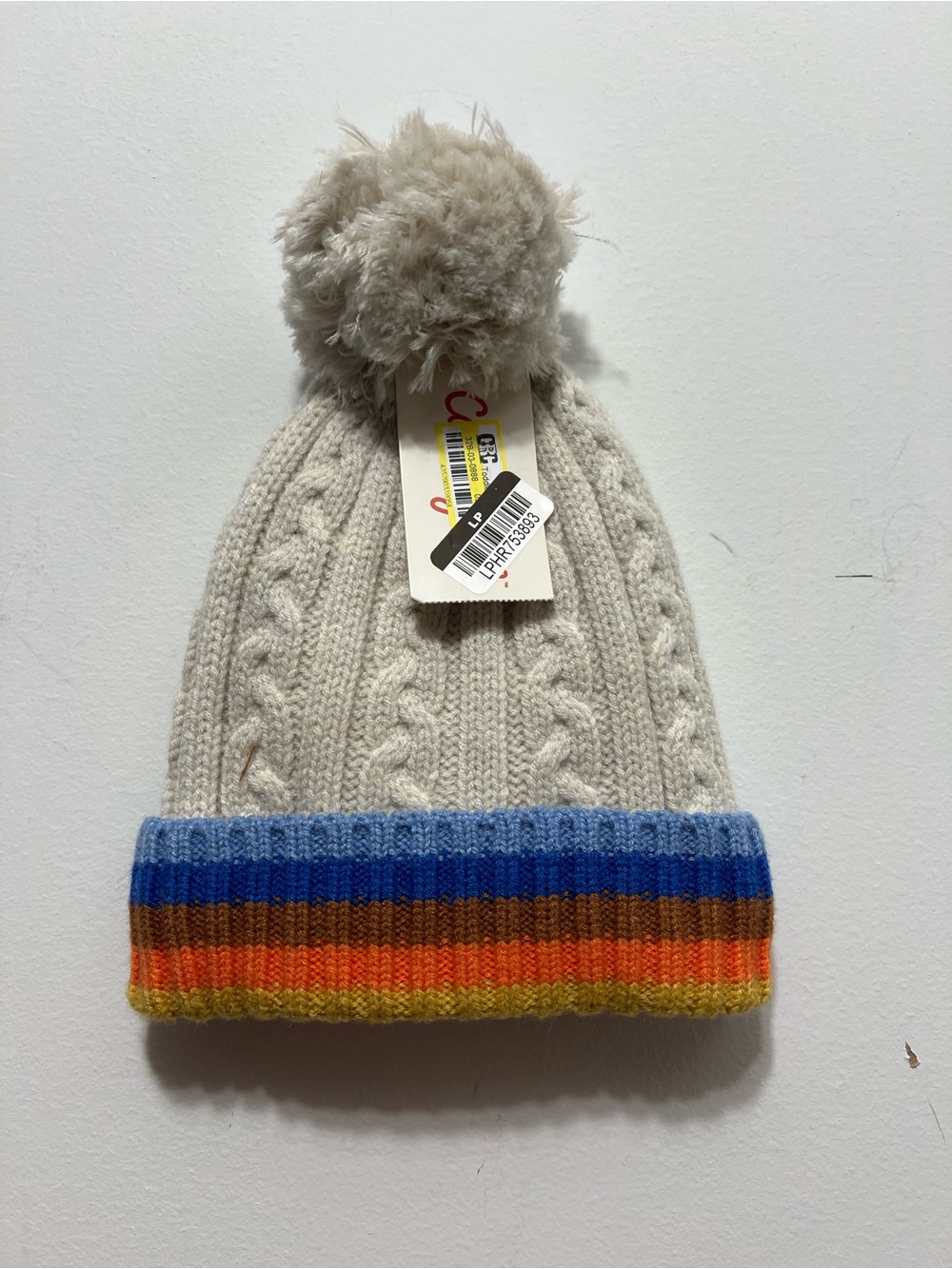 12-24 Month Cream Cable Knit Pom Beanie with Blue, Orange and Yellow Stripe Cuff
